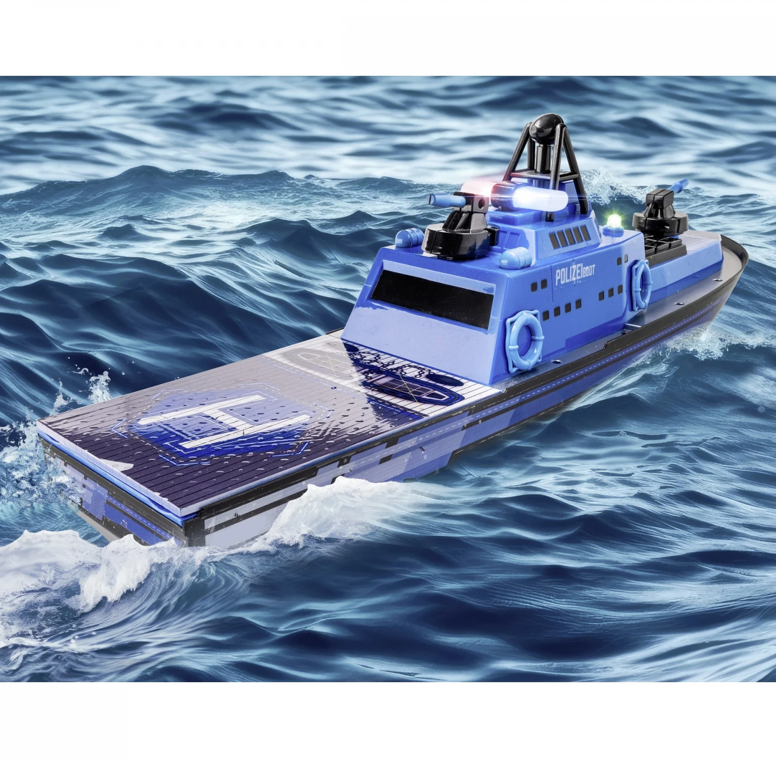 Dwi Dowellin 2.4G RC Police Boat with One-Button Water Spray, with LED Light