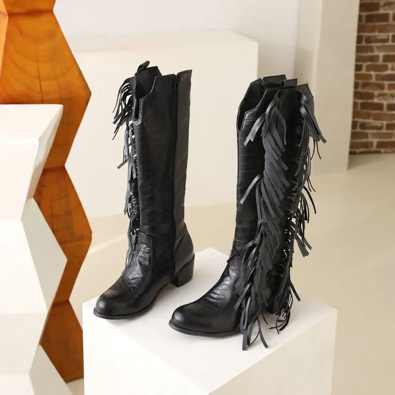 Xinzirain Logo Custom Cowboy Big Size 48 White Black PU Leather Wide Shaft 5cm Block Heel Women Knee High Western Fringes Boots