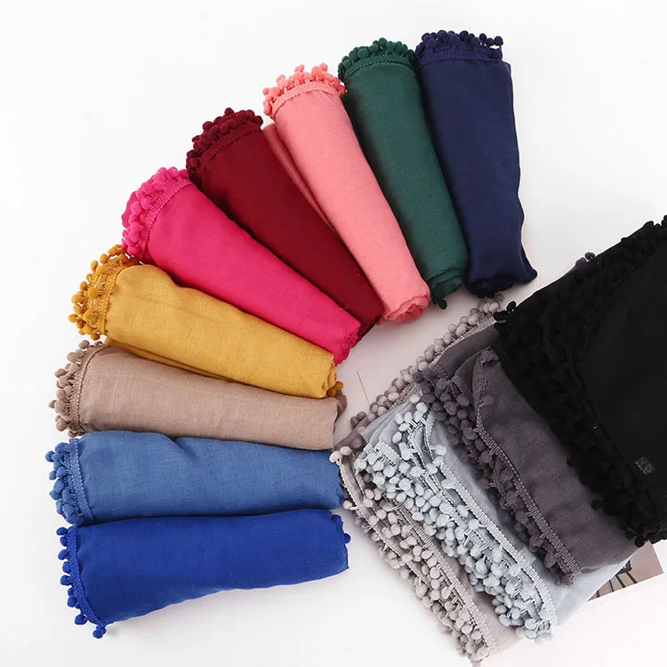 Classic simple classy Tie dyed cotton linen Hairball turban hijab shawls women muslim scarf