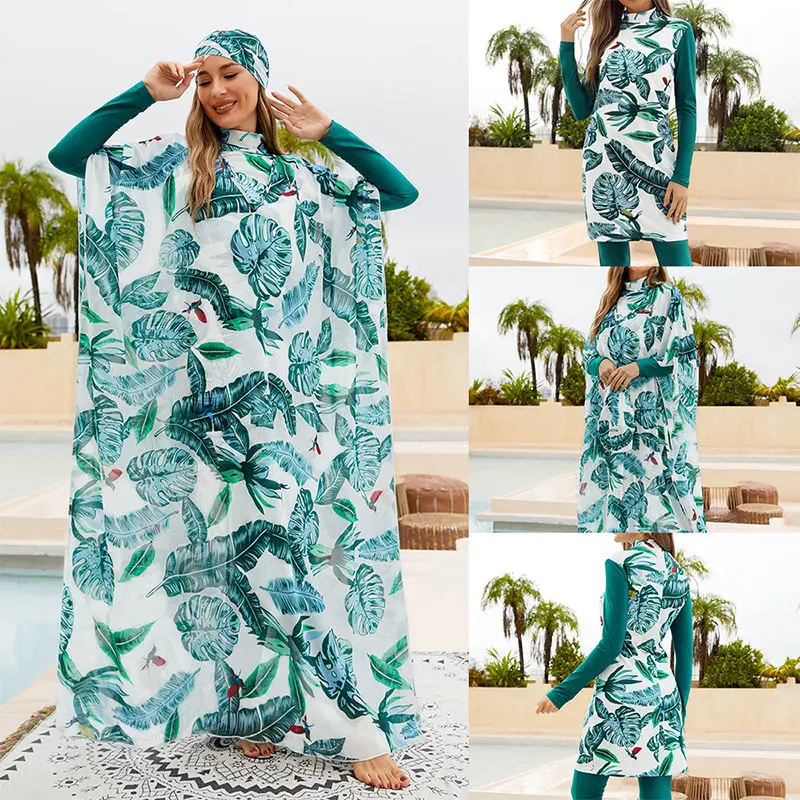 Wholesale Muslim Women Modest Swimwear With Kaftan 4 piece Bathing Suit Islamic Swimsuit Full Covered