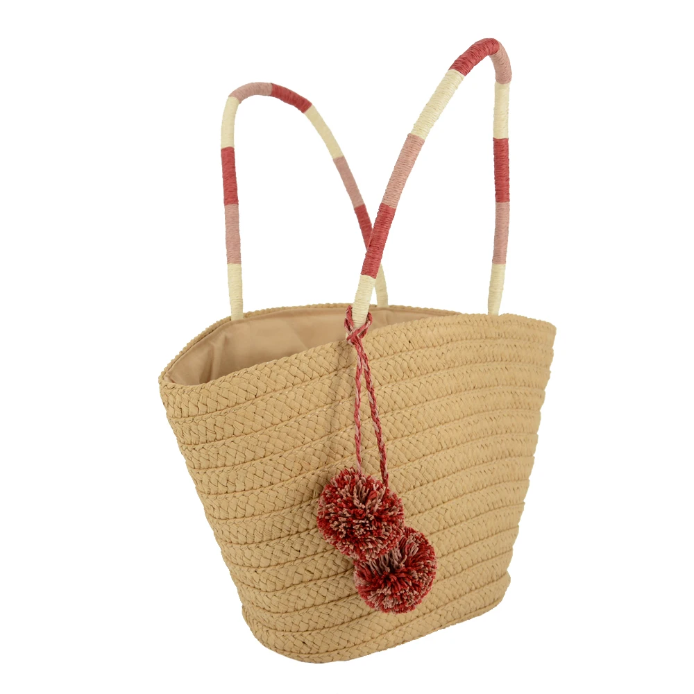 China supplier new design OEM womens straw beach tote bag with pom poms trimming drawstring closure straw tote