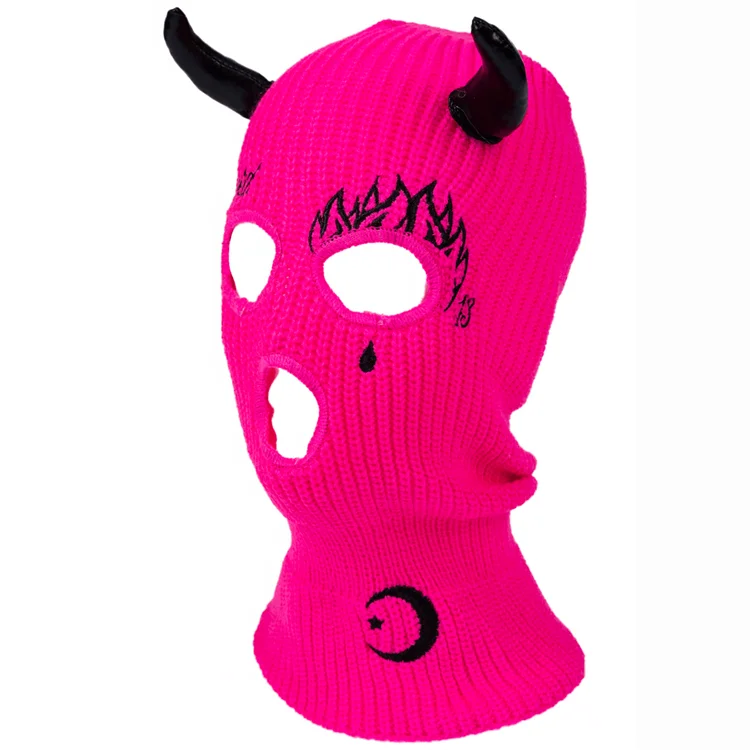 2022 Cursed Tattoos Baby Bad Girl Ghoul Pink Embroidered Knit Ski Mask Balaclava with Devil Horns