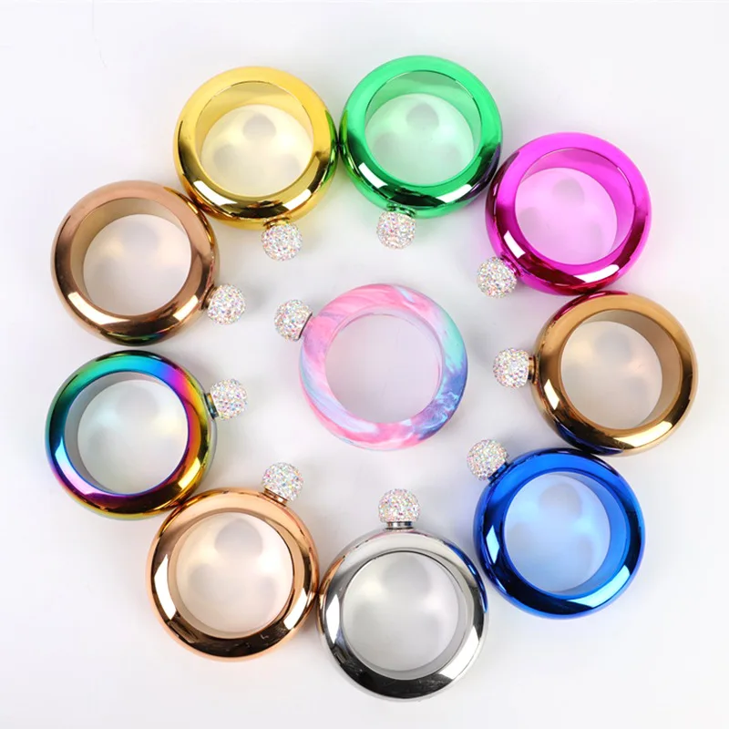 
new style 3.5 oz Colorful Bracelet Shaped Stainless Steel Liquor Alcohol Flask Round Wine Bottle Hip Flask with diamond lid 