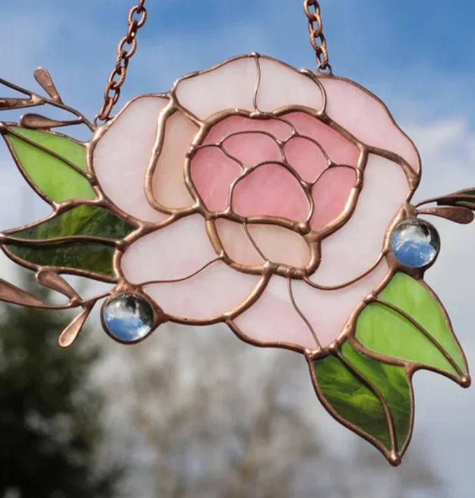 Peony Stained Glass Pendant Window Decoration Home Decor Garden Natural Raw Crystal Crafts Sun Catcher
