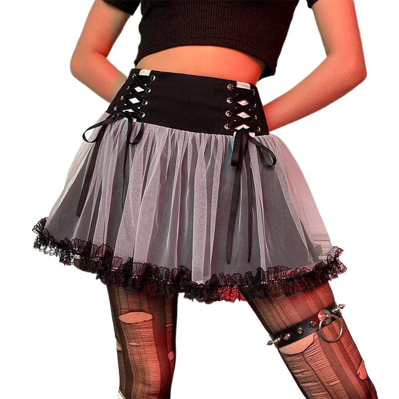 Panic Buying Worsted Womens Skirts Skirt Lace Up Black And White Contrast Mesh Gauze Stitching High Waist Skirt For Girl