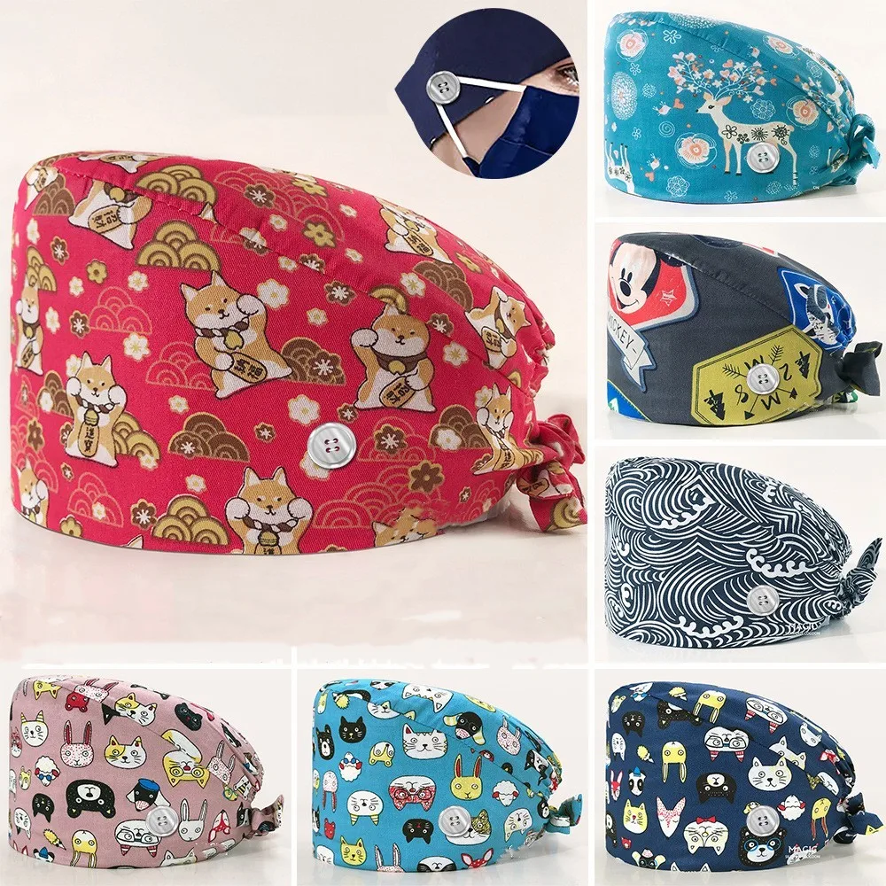 100% Cotton Ladies Anti-hair Cap Hospital Uniform Printed Scrub Nurse Hat pet nursing scrubs caps satin lined hat beauty cap