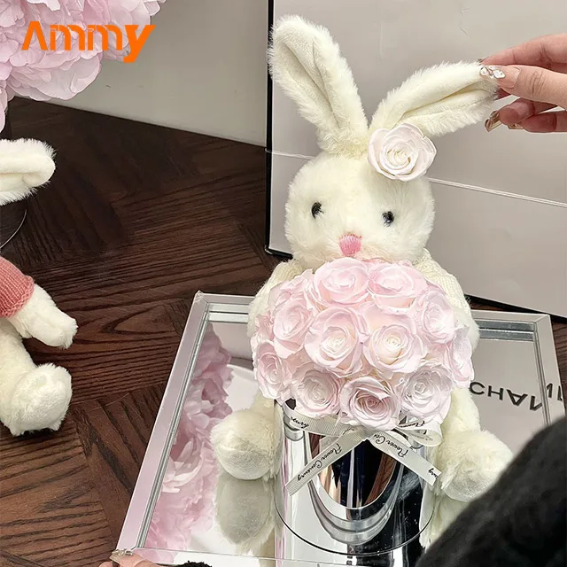AM-PFE31 Ammy Preserved Flower in Acrylic gift box Eternal flower Bunny ear bendable doll cuddle bucket home decor accessories