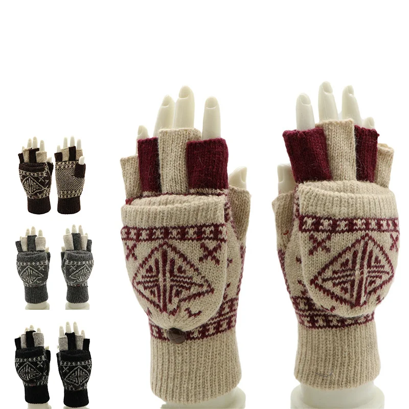 High Quality Custom Logo Winter Thickened Warm Jacquard Unisex colourful Mittens Wool Gloves With Outdoor Sports