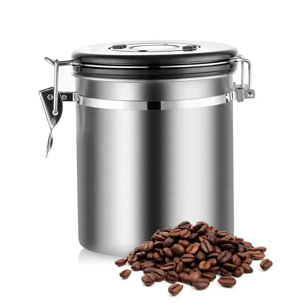 Metal Vacuum Kitchen Coffee Ground Date With Co2 Valve Stainless Steel Coffee Bean Airtight Jar Food Storage Container