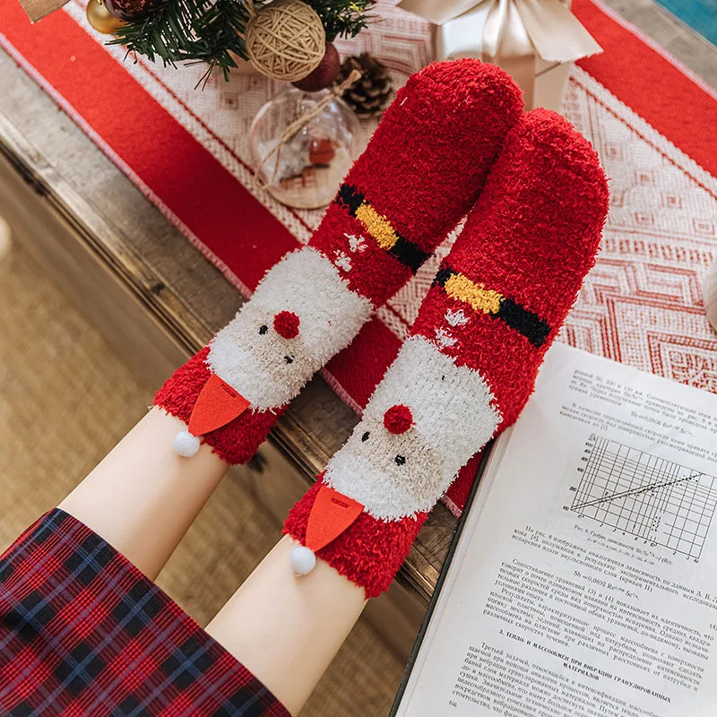 High Quality Christmas Socks Fluffy Fuzzy Coral Fleece Women Indoor Santa Claus Christmas Tree Deer Cute Cartoon Holiday Socks