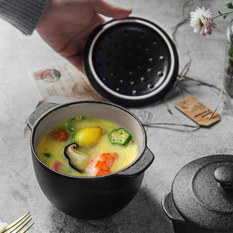 2022 New Arrival Home Used Food Warmer Casserole Cast Iron Look Black Tableware Mini Ceramic Casserole with Lid