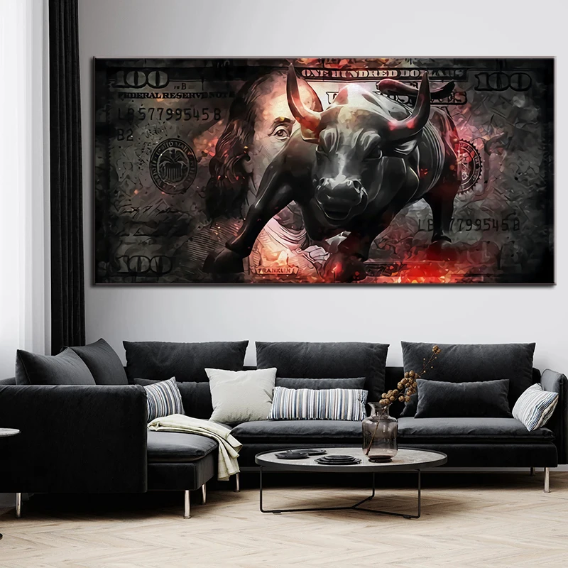 Charging Bull Art Wall Street Canvas Painting 100 Dollar Bull Statue Picture Office Home Decor