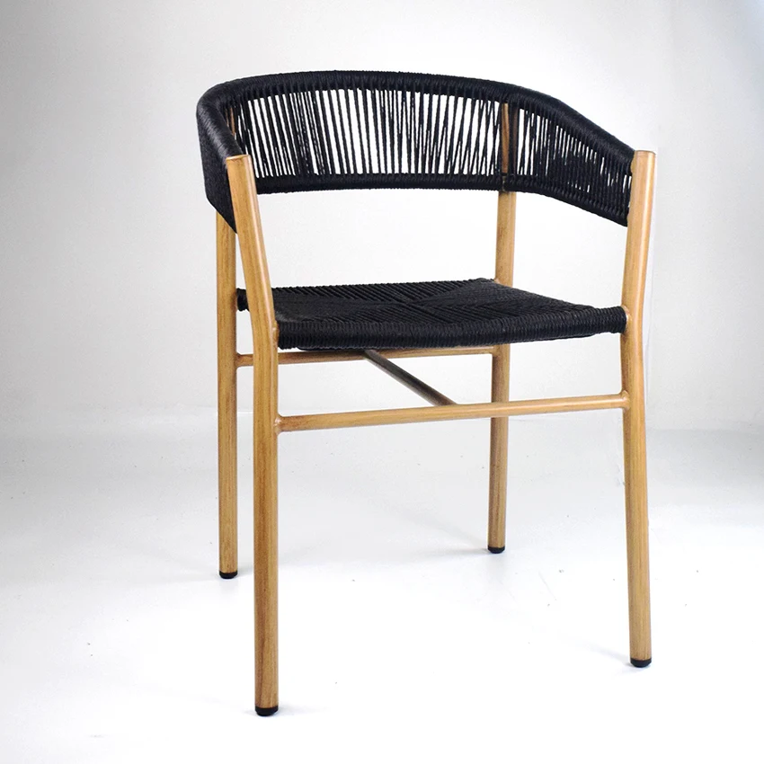 Black Aluminum Restaurant Cafe Chair Natural Woven Rattan Dining Seat for Patio Garden Hall Villa School Workshop
