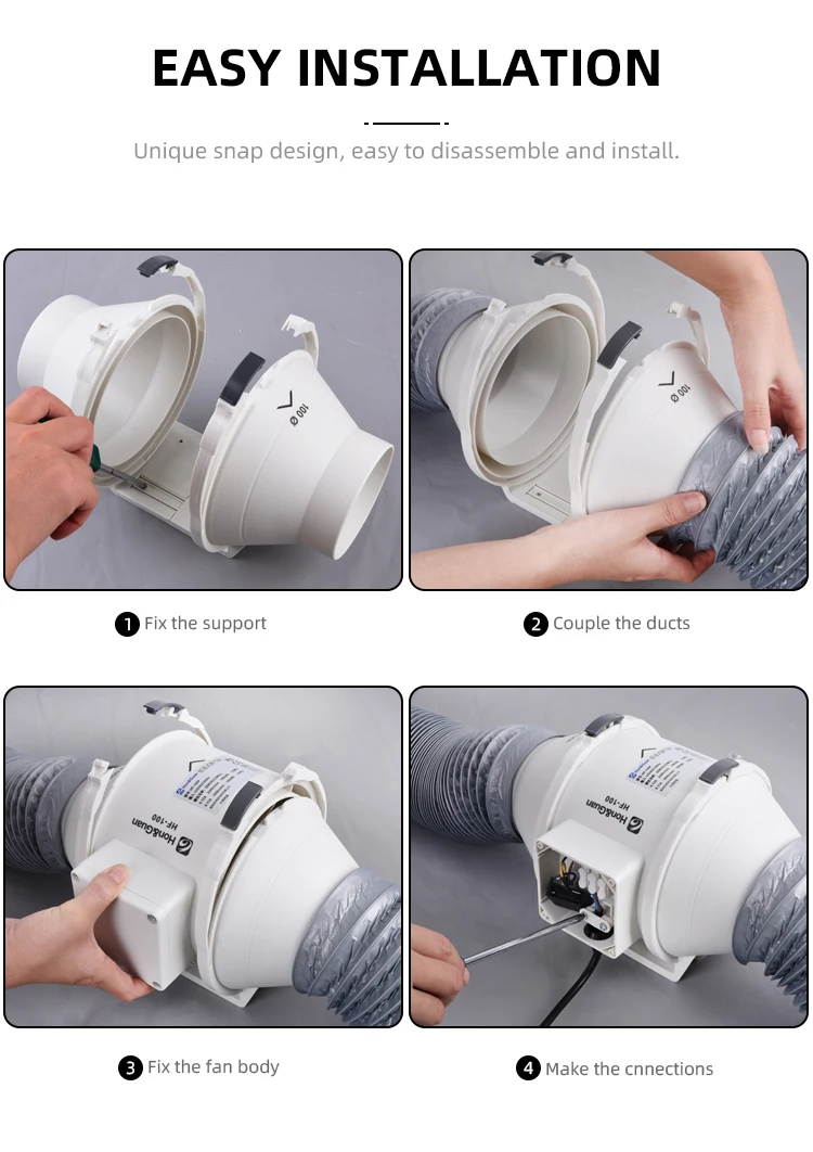High Air Volume Suction Plastic Mixed Flow Duct  Extractor Fan 230V Wall Fan 4 Inch Plastic  4~12 Inch Hon&guan fan