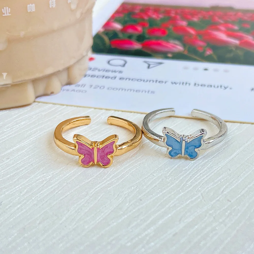 Hotsale New Arrival Jewelry Oil Dropping Color Butterfly Finger Ring Cute Open Thin Circle Butterfly Charm Ring For Women Girls