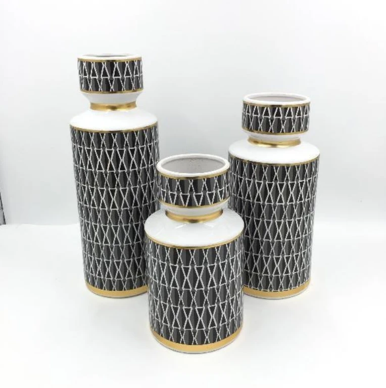 old design black white gold decorative table top flower vase 3 pieces one set decoration jars
