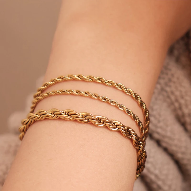 Trendy Jewelry 18k Gold Plated Twisted Rope Chain Bracelet for Women Layered Stainless Steel Bracelets Accessories