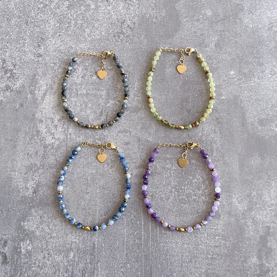 Hot Selling Colorful Natural Stone Bracelet Exquisite Bluestone Amethyst Peridot Beaded Heart Pendant Bracelet