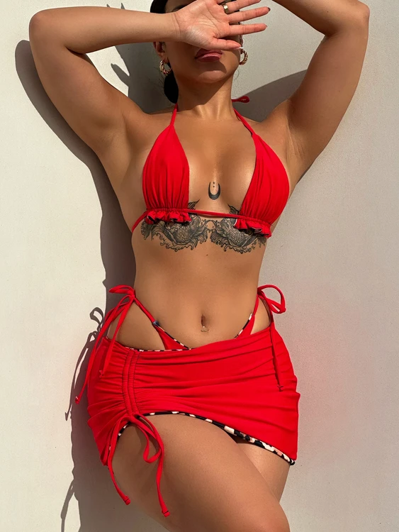 Wholesale Cheetah Double Lined Tie Side Seamless Leopard Printed Bikini Cheeky 3 Piece Swimwear Beach Skirt