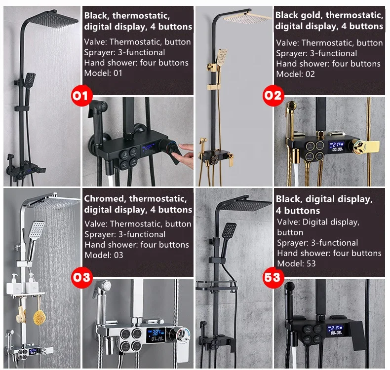 Modern Bathroom Black Wall Mounted Brass Rainfall Thermostatic Shower Massage Faucet Set With Rain Shower System