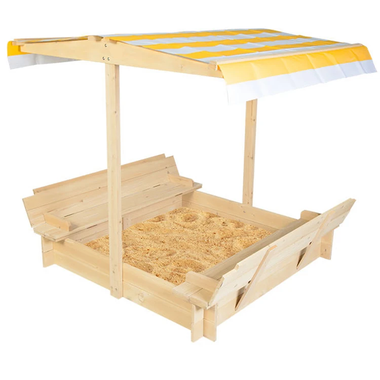 Outdoor Kids Playing Backyard Wooden Sandbox With Two Bench