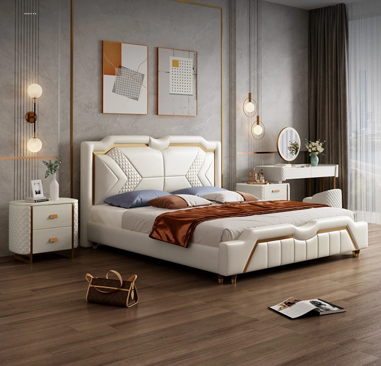 European Double Bedroom Furniture Luxury Design Leather Modern King size Bed