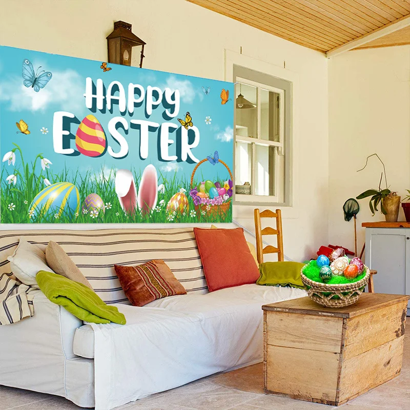 2024 New Easter Banner Decoration Background Cloth Rabbit Egg Garden Flag Easter Flag
