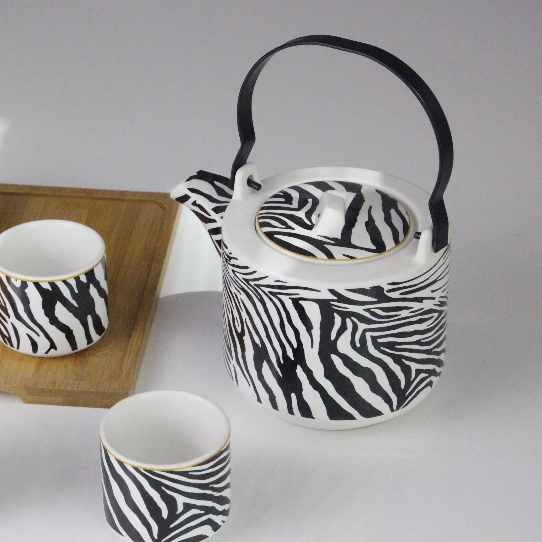 Ceramic tea set Tea pot with 4 tea cups Zebra decal pattern Bamboo wooden tray custom for daily use gift shop market