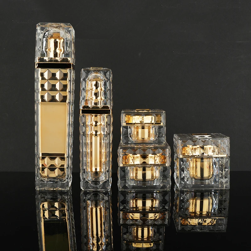 20g 30g 50g cream jar 30ml 100ml lotion bottle Square Shape Acrylic Container Golden Cosmetic Packaging Empty Skin Care Set
