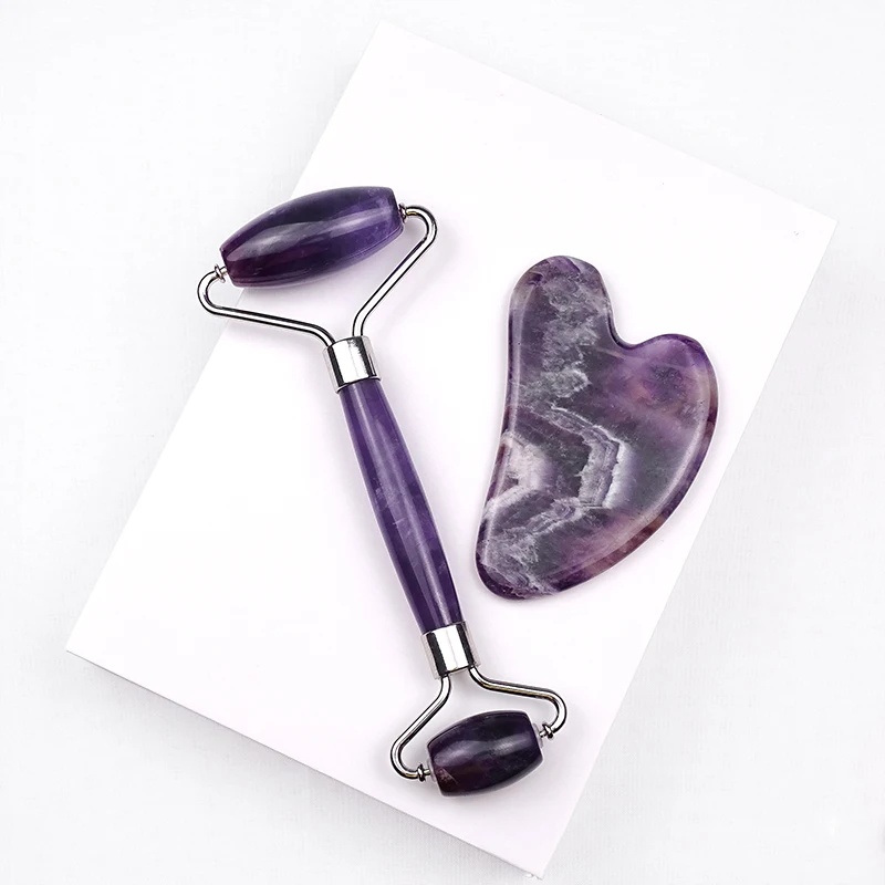 Hot sell natural Jade roller set anti-aging jade roller massage amethyst face roller gua sha kit