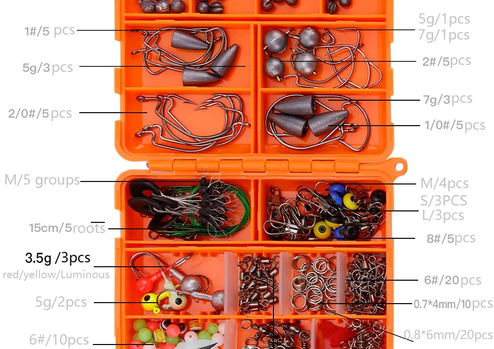 257pcs Lure Fishing Swivel Sinkers Shore Fishing Accessories Kit Including Swivel Fixed Bead Swivel Connector Crank Hook Fishing