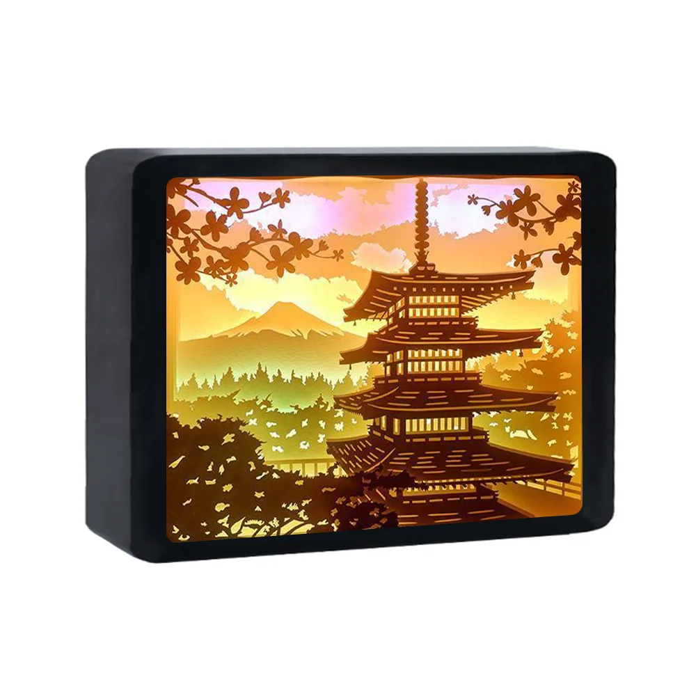 2025 Hot Sale Japanese Pagoda Landscape 3D Paper Carving Lamp  Box Holiday Gift Decorative Lamp