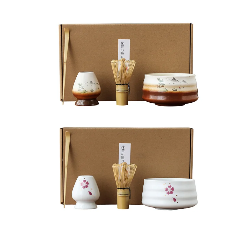 High Quality Custom Logo Wooden Box Matcha Whisk Set with Ceramic Bowl matcha green tea powder bamboo whisk