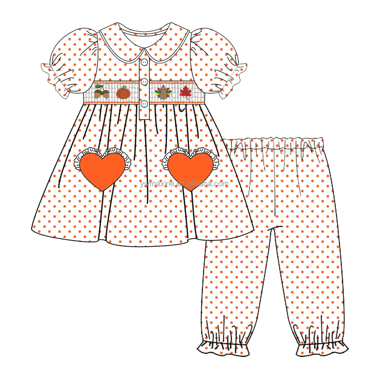 Thanksgiving infant smocked clothing ruffles puff sleeve dress turkey French Knot smocking heart pocket girls outfits for fall