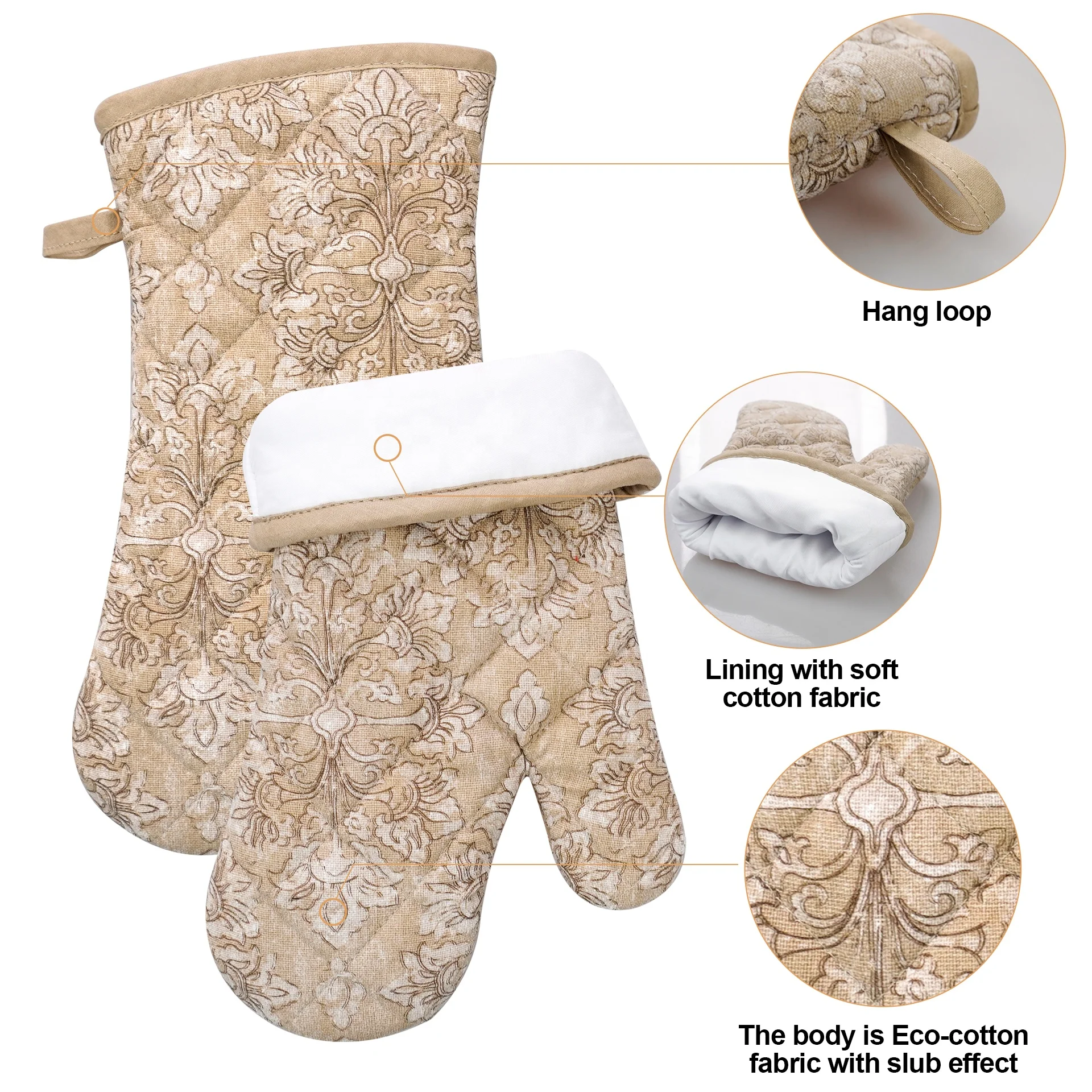 5 piece set flower pattern Brown waterproof cotton apron cotton two Anti scalding oven gloves silicone two Checkered  pot holder