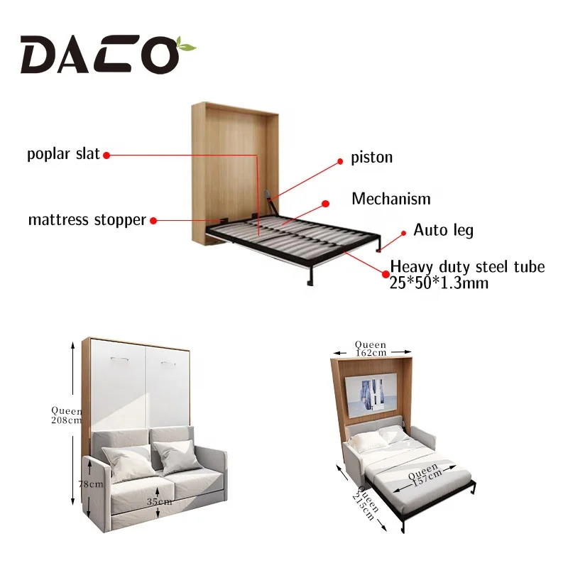 Modern Storage Bed Hinged Storage Panels Foldable Wall Bed Murphy Style Hidden Bed Sofa