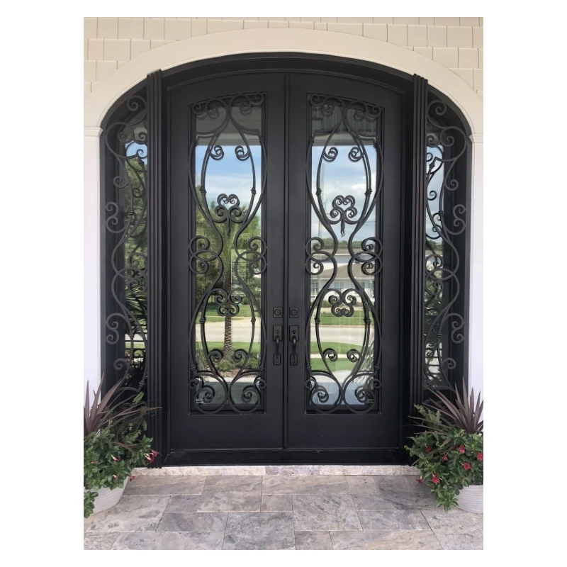 High Quality Iron Front Door Design Arch Top Double Iron Door Designs Wrought Iron Door with Sidelights