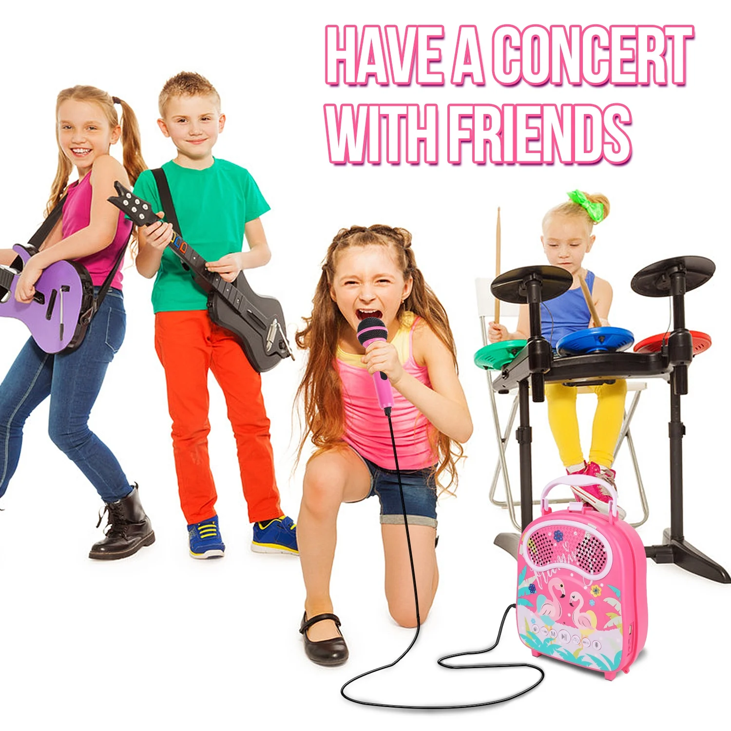 OEM and EXW Girls karaoke singing machine for children portable pink flamingo kids karaoke machine speaker with two microphones