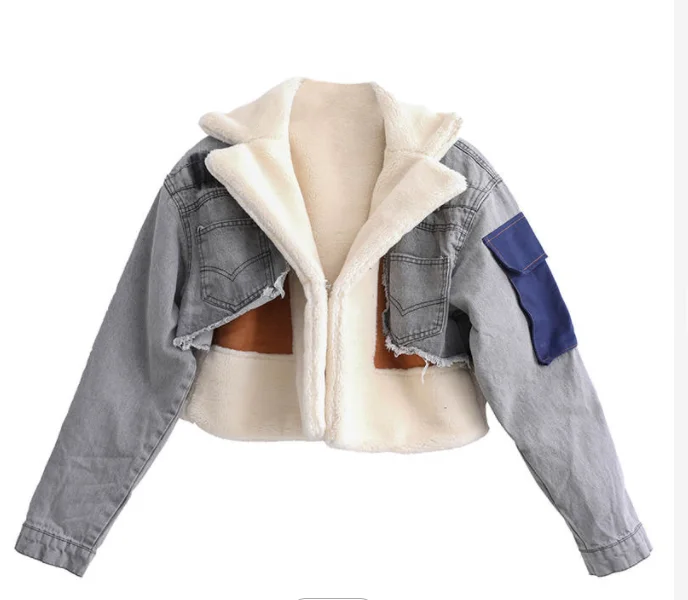 Winter Coat Lamb Hair Inner Deerskin Jean Patchwork Coat Oversized Denim Jacket For Woman Ladys