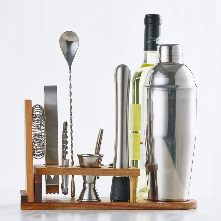 Good Price Bartender Kit Bar Cocktail Shaker Mixer Set with Stand Spoon Muddler Strainer Tong Pourer Jigger Corkscrew Board