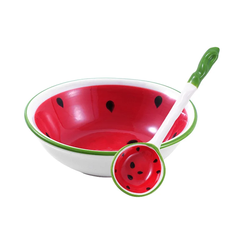 INS Style Cartoon Ceramic Bowl Spoon Set with Watermelon and Strawberry Pattern Baby Soup Bowl