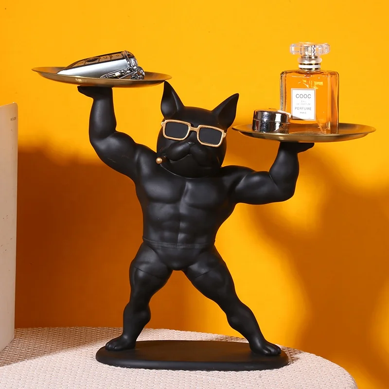 Home decor figurines muscular french english bulldog sculpture dog statue resin tray table decorations