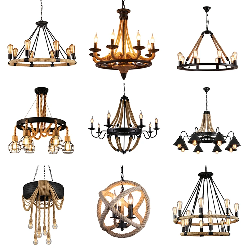Loft Vintage professional industrial handmade pendant lamps with hemp rope iron light chandelier led pendant light