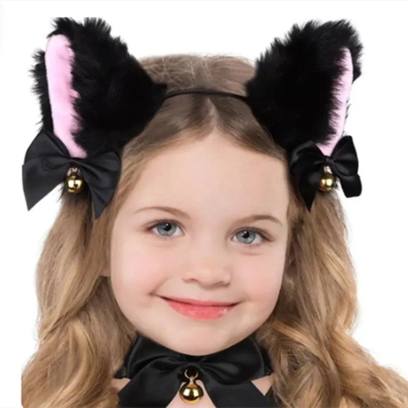 2024 Cat Ear Headband With Bells Necklace Plush Furry Cat Ears Headwear Fancy Dress Hairband Women Girls Party Cosplay Headwear