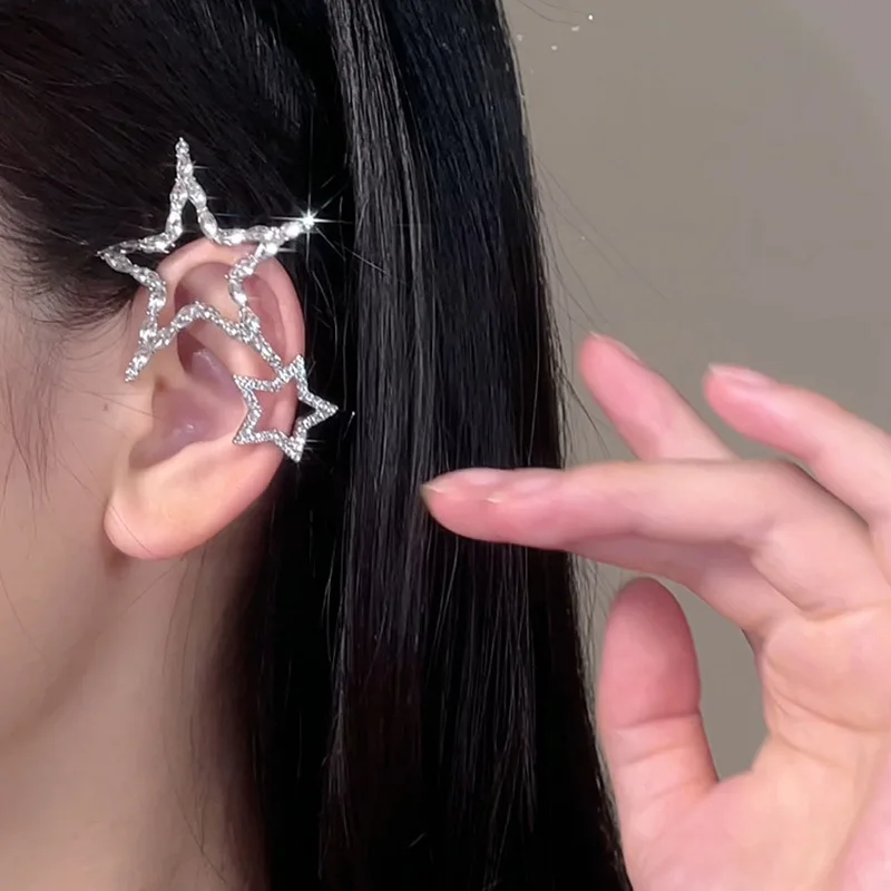 INSTrendy Non Piercing Handmade Cuff Earrings Hollowed Five-pointed Star Crystal Zircon Upper Ear Earrings