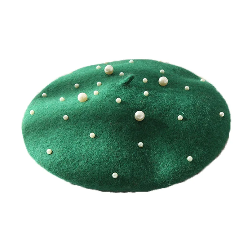 Wholesale small pearl wool beret female winter england retro wool octagonal boina hat berets for women beret custom embroidery