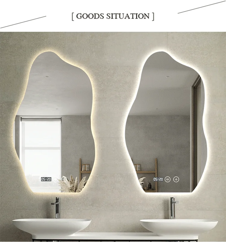 Touch Screen Smart Mirror Irregular Bathroom Makeup Mirror Wall Hanging Illuminated Heated Glass Led Bath Mirrors