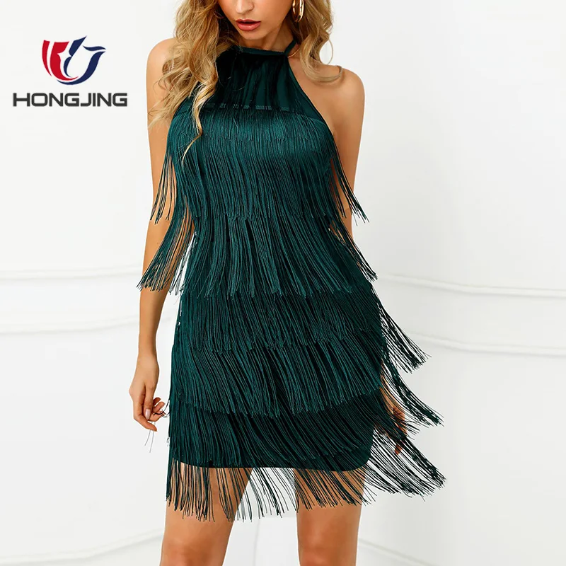 Women polyester Halter Layered Tassel Open Back Dress straight hem sleeveless knee length  sexy mini dress banquet  prom dress