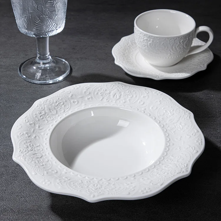 Relief Pattern Porcelain Plate and Ceramic Plates&Dishes For  Wedding Catering Restaurant home with Embossed Design