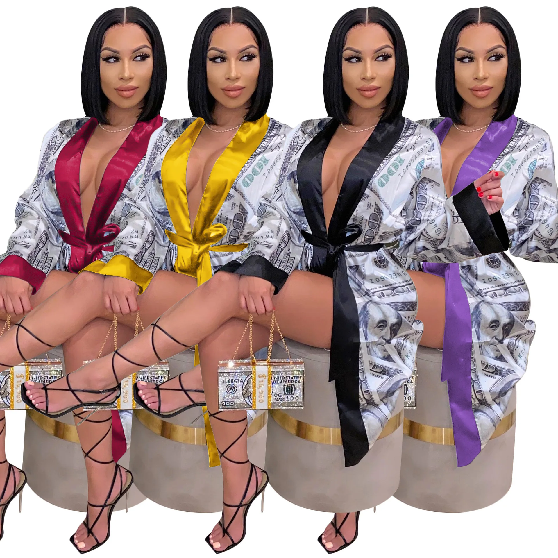 
New arrivals sexy dollar printed femmes money silk satin robe long women 